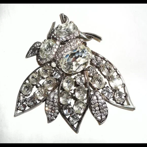 *ULTRA RARE* 1930s Large EISENBERG Vtg BEE Art Deco Double Pin Rhinestone Brooch - Picture 6 of 13